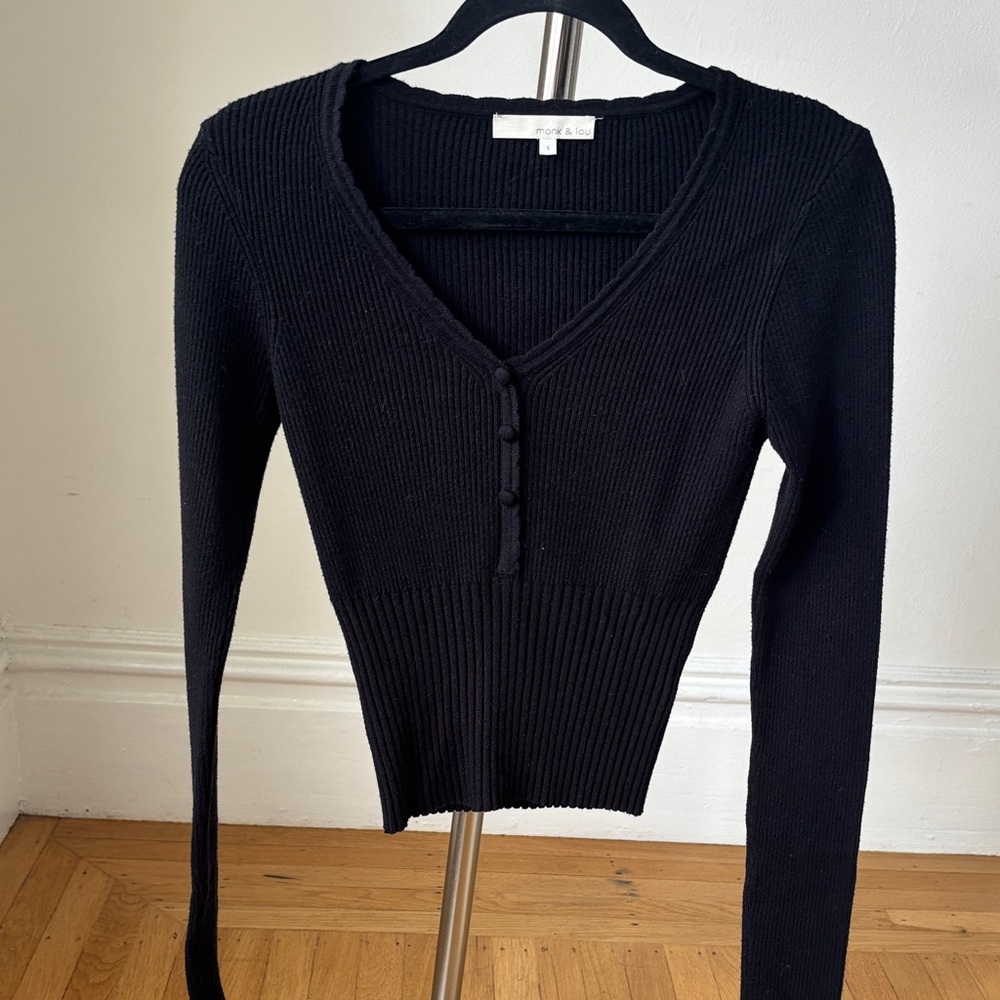 Black Ribbed V-Neck Sweater